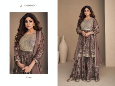 Aashirwad creation present Gulkand flower x shamita shetty chinon silk digital printed readymade sharara suit at wholesale price  readymade suit catalogs