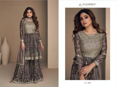 Aashirwad creation present Gulkand flower x shamita shetty chinon silk digital printed readymade sharara suit at wholesale price  readymade suit catalogs