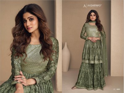 Aashirwad creation present Gulkand flower x shamita shetty chinon silk digital printed readymade sharara suit at wholesale price  readymade suit catalogs