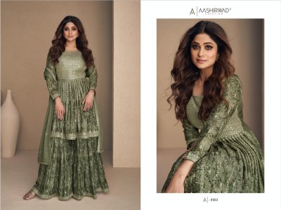 Aashirwad creation present Gulkand flower x shamita shetty chinon silk digital printed readymade sharara suit at wholesale price  readymade suit catalogs