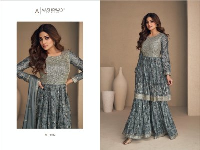 Aashirwad creation present Gulkand flower x shamita shetty chinon silk digital printed readymade sharara suit at wholesale price  readymade suit catalogs