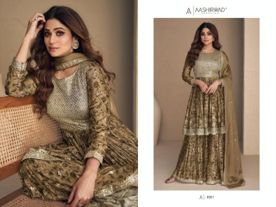 Aashirwad creation present Gulkand flower x shamita shetty chinon silk digital printed readymade sharara suit at wholesale price  readymade suit catalogs