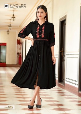 Aashmin by Kadlee embroidered wrinkle reyon flared kurti catalogue at affordable rate kurtis catalogs