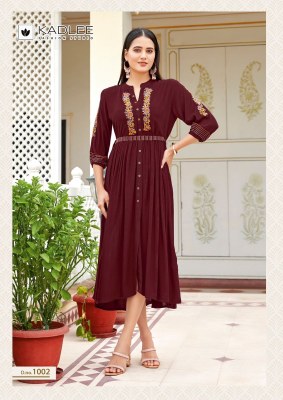 Aashmin by Kadlee embroidered wrinkle reyon flared kurti catalogue at affordable rate kurtis catalogs