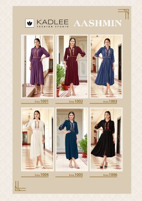 Aashmin by Kadlee embroidered wrinkle reyon flared kurti catalogue at affordable rate kurtis catalogs