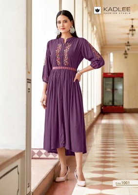 Aashmin by Kadlee embroidered wrinkle reyon flared kurti catalogue at affordable rate kurtis catalogs