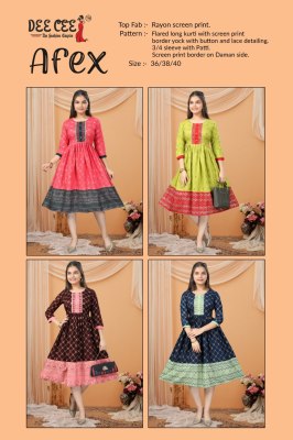 Afrex by Deecee Flared Long Reyon screen printed fancy kurti catalogue at affordable rate kurtis catalogs