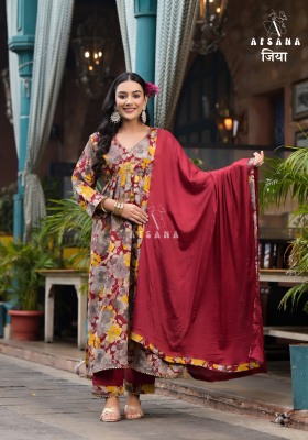 Afsana present jiya alia launch pure muslin with digital printed readymade top bottom and dupatta pair catalogue at amaviexpo readymade suit catalogs