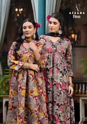 Afsana present jiya alia launch pure muslin with digital printed readymade top bottom and dupatta pair catalogue at amaviexpo readymade suit catalogs