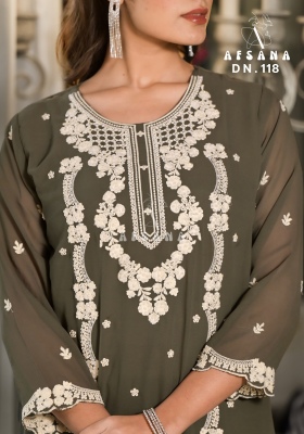 Afsana present pret collection designer stylish embroidered tunic and linen cotton pant and chinon dupatta catalogue readymade suit catalogs