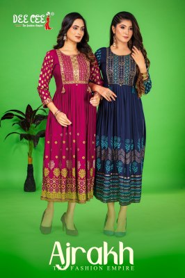 Ajrakh by Deecee flared long embroidered kurti catalogue at amaviexpo Dee cee