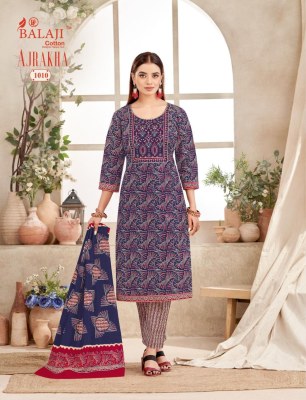 Ajrakha by Balaji presented cotton embroidered neck work kurti pant and dupatta catalogue readymade suit catalogs