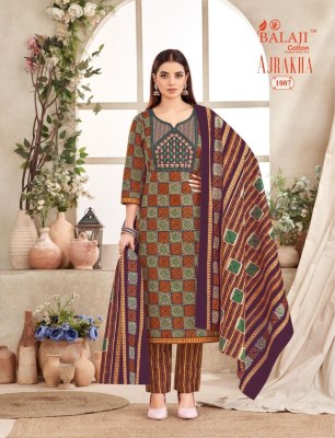 Ajrakha by Balaji presented cotton embroidered neck work kurti pant and dupatta catalogue readymade suit catalogs