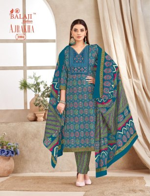 Ajrakha by Balaji presented cotton embroidered neck work kurti pant and dupatta catalogue readymade suit catalogs