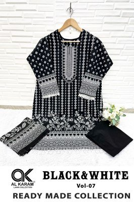 Al Karam Vol 7 Premium Lawn Stitched Kurti Black & White Print, GPO Lace, Pant Style, Mal Mal Cotton Dupatta Wholesale Al Karam Lawn Collection 