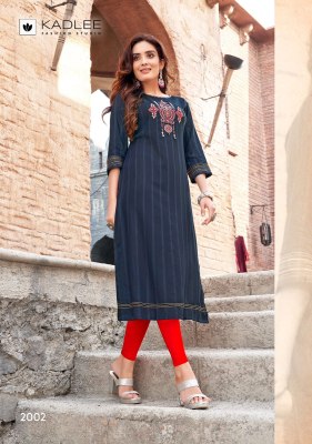 Albeli by Kadlee Reyon thread work fancy straight kurti catalogue at affordable rate kurtis catalogs