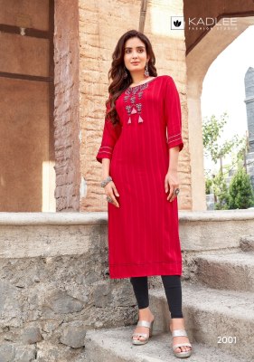 Albeli by Kadlee Reyon thread work fancy straight kurti catalogue at affordable rate kurtis catalogs