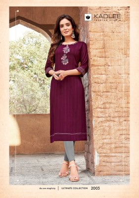 Albeli by Kadlee Reyon thread work fancy straight kurti catalogue at affordable rate kurtis catalogs