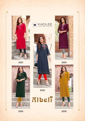 Albeli by Kadlee Reyon thread work fancy straight kurti catalogue at affordable rate kurtis catalogs