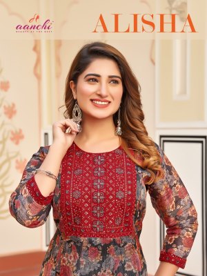 Alisha by Aanchi kurtis flair printed fancy embroidered readymade suit catalogue at low rate Aanchi 