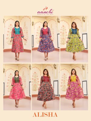 Alisha by Aanchi kurtis flair printed fancy embroidered readymade suit catalogue at low rate readymade suit catalogs