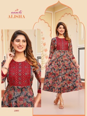 Alisha by Aanchi kurtis flair printed fancy embroidered readymade suit catalogue at low rate readymade suit catalogs