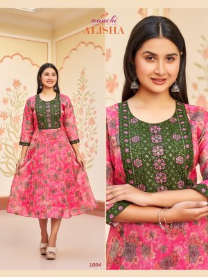 Alisha by Aanchi kurtis flair printed fancy embroidered readymade suit catalogue at low rate readymade suit catalogs