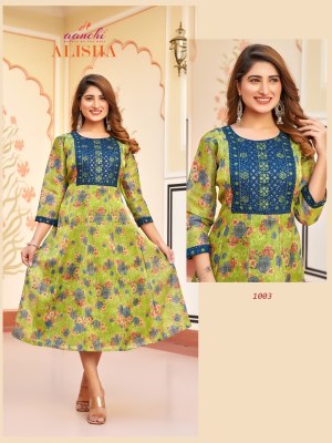 Alisha by Aanchi kurtis flair printed fancy embroidered readymade suit catalogue at low rate readymade suit catalogs