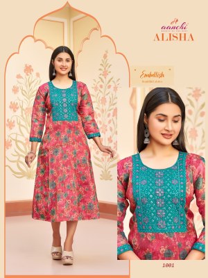 Alisha by Aanchi kurtis flair printed fancy embroidered readymade suit catalogue at low rate readymade suit catalogs