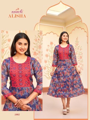 Alisha by Aanchi kurtis flair printed fancy embroidered readymade suit catalogue at low rate readymade suit catalogs