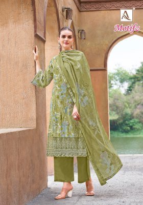 Alok Suit Motifz Unstitched Set Pure Cambric Cotton Printed Top with Foil And Hand Khatli Embroidery  Pure Cotton Bottom Pure Cotton Mal Mal Printed D kurtis catalogs
