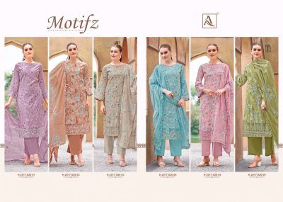 Alok Suit Motifz Unstitched Set Pure Cambric Cotton Printed Top with Foil And Hand Khatli Embroidery  Pure Cotton Bottom Pure Cotton Mal Mal Printed D kurtis catalogs