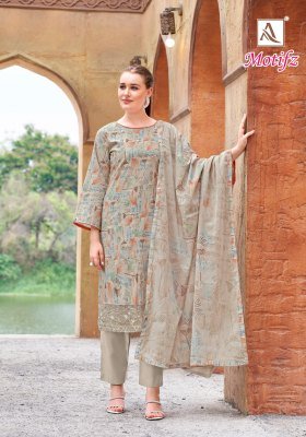 Alok Suit Motifz Unstitched Set Pure Cambric Cotton Printed Top with Foil And Hand Khatli Embroidery  Pure Cotton Bottom Pure Cotton Mal Mal Printed D kurtis catalogs