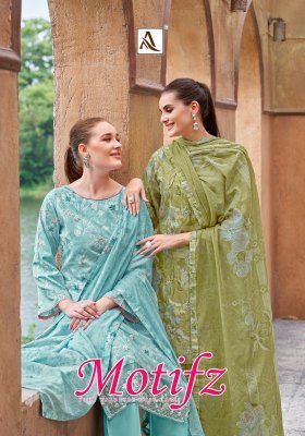 Alok Suit Motifz Unstitched Set Pure Cambric Cotton Printed Top with Foil And Hand Khatli Embroidery  Pure Cotton Bottom Pure Cotton Mal Mal Printed D kurtis catalogs