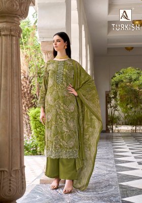 Alok Suit Turkish Premium Unstitched Dress Viscose Rayon with Fancy Embroidery And Silk Print Dupatta Wholesale dress material catalogs
