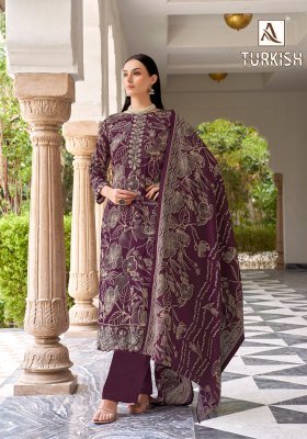 Alok Suit Turkish Premium Unstitched Dress Viscose Rayon with Fancy Embroidery And Silk Print Dupatta Wholesale dress material catalogs