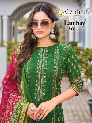 Alzohaib Lamhay Vol.1 Unstitched Suit Cotton Print Top with Intricate Self Work, Semi Lawn Bottom, Chiffon Cotton Dupatta Wholesale wholesale catalogs