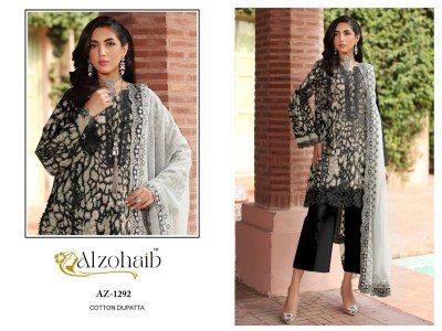 Alzohaib Parisa AZ-1290-1293 Pure Cotton Printed Suit with Heavy Embroidery, Semi Lawn Bottom And Cotton Chiffon Dupatta Wholesale dress material catalogs