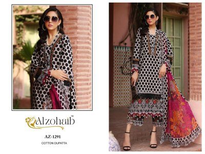 Alzohaib Parisa AZ-1290-1293 Pure Cotton Printed Suit with Heavy Embroidery, Semi Lawn Bottom And Cotton Chiffon Dupatta Wholesale dress material catalogs