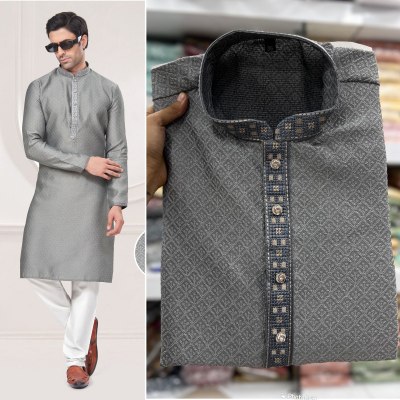 Amavi Present kurta with pajama silver colour Heavy Silk Jequard With heavy Embroidery Work kurta pajama