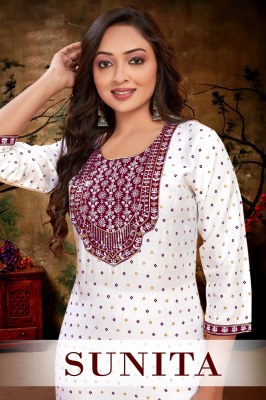 Amavi by Sunita reyon gold foil printed embroidered straight kurti catalogue at affordable rate Sunita