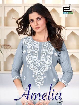 Amelia vol 3 by Blue hills reyon Lucknowi work western top catalogue at affordable rate Blue hills Kurti 