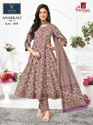 Anarkali vol 5 by Ganpati Heavy Cotton Printed Anarkali style kurti pant and dupatta catalogue at low rate readymade suit catalogs