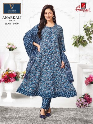Anarkali vol 5 by Ganpati Heavy Cotton Printed Anarkali style kurti pant and dupatta catalogue at low rate readymade suit catalogs