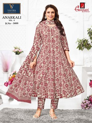 Anarkali vol 5 by Ganpati Heavy Cotton Printed Anarkali style kurti pant and dupatta catalogue at low rate readymade suit catalogs