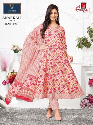 Anarkali vol 5 by Ganpati Heavy Cotton Printed Anarkali style kurti pant and dupatta catalogue at low rate readymade suit catalogs