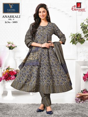 Anarkali vol 5 by Ganpati Heavy Cotton Printed Anarkali style kurti pant and dupatta catalogue at low rate readymade suit catalogs