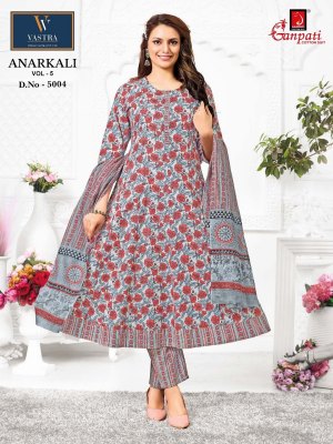 Anarkali vol 5 by Ganpati Heavy Cotton Printed Anarkali style kurti pant and dupatta catalogue at low rate readymade suit catalogs