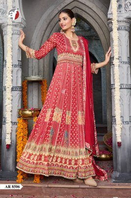 Anju Fabric Ar-8506 Pure Chinon Chiffon Anarkali Gown Kurti with Dupatta Handwork Designer Lace Wholesale kurtis catalogs