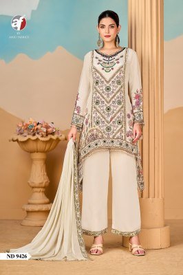 Anju Fabric D.No-ND 9426 Pure Crepe Silk Short Kurti Set with Handwork And Chiffon Dupatta Wholesale kurti pant with dupatta Catalogs